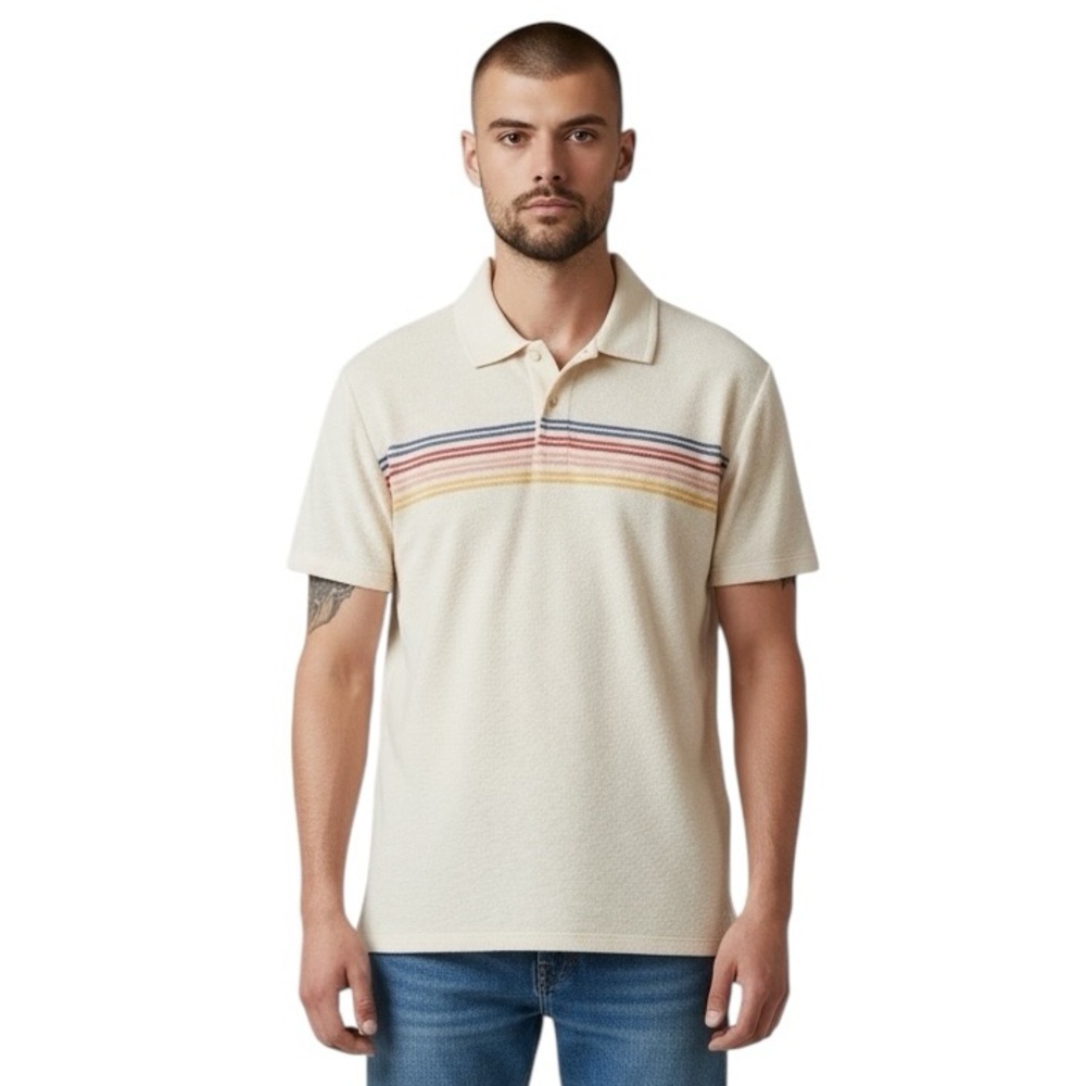 Marine Layer Men's Polo Shirt Terry Out Stripe Retro Short Sleeve Top Size L NEW